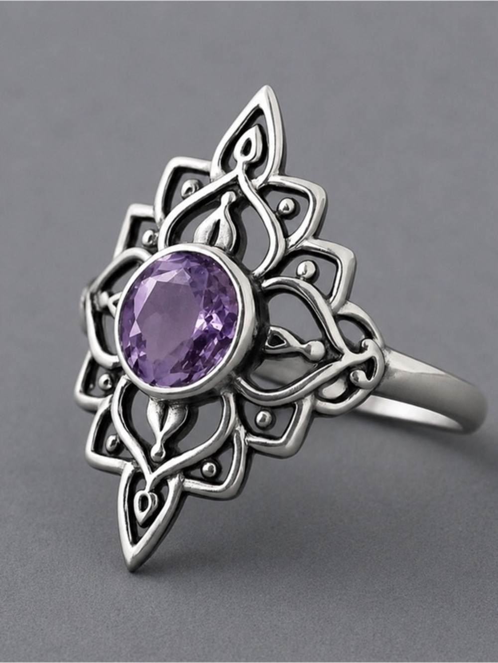 Sterling Silver Filigree Amethyst Statement Ring | Cathedral Lotus NWT 7.5 #442